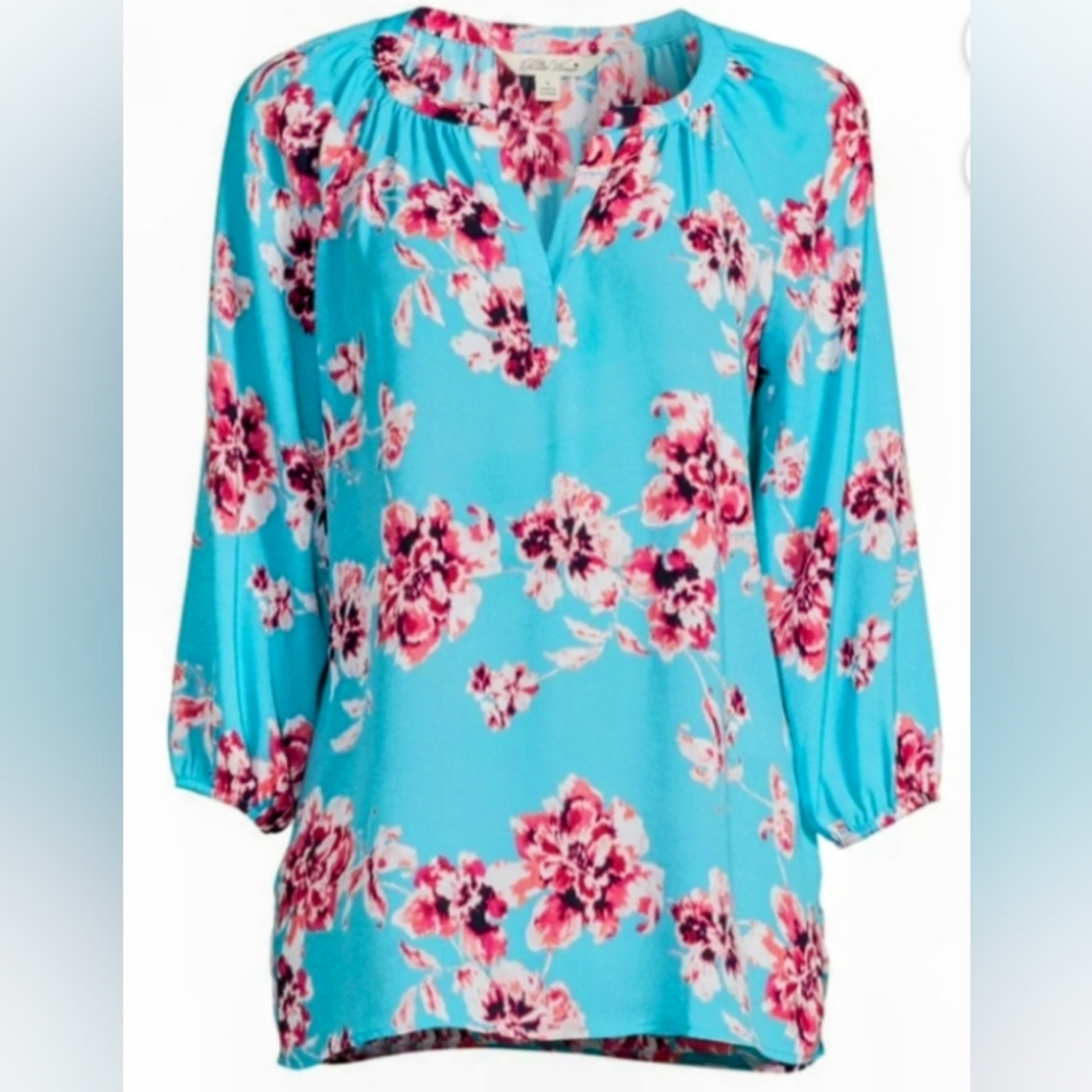 Top Pullover Peasant Split Neckline Blouse 3/4 Length Raglan Sleeves Sz S